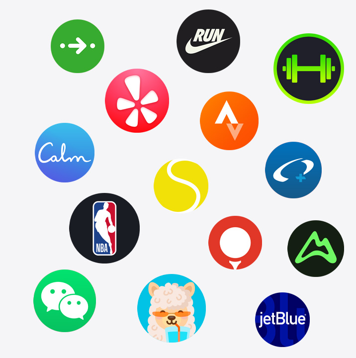 Apple Watch-alkalmazásikonok: ChargePoint, Yelp, Nike Run Club, SmartGym, Calm, NBA, SwingVision, Oceanic+, WeChat, Waterllama, Golfshot, JetBlue, AllTrails
