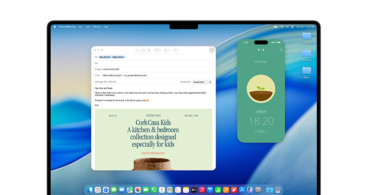 MacBook Pro 16” dengan Mail dan Pencerminan iPhone menampilkan aplikasi Forest di layar.