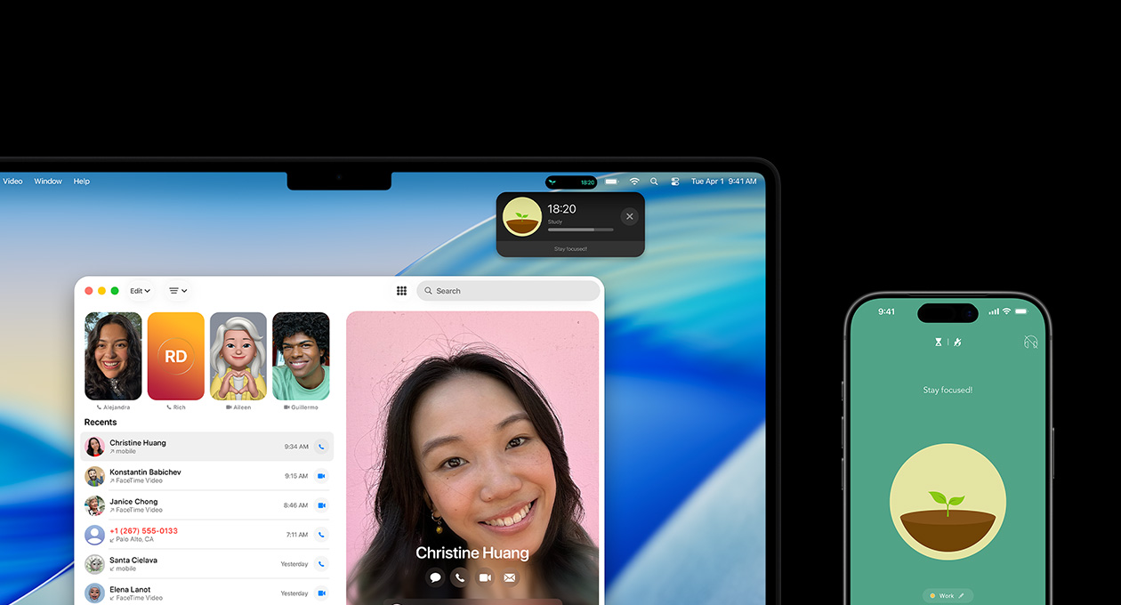 MacBook Pro dan iPhone tampak berdampingan, layar MacBook Pro menampilkan aplikasi Telepon dan Aktivitas Langsung dari aplikasi Forest, iPhone menampilkan aplikasi Forest