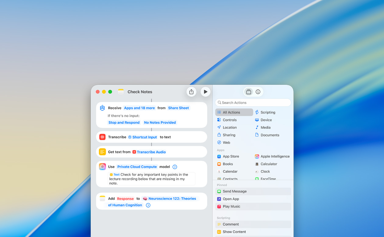 Foto close-up pengguna yang sedang membuat pintasan dengan tindakan Gunakan Model di aplikasi Catatan