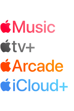 Apple subscription services logotypes including Apple Music, Fitness+, Apple TV+, Apple News+, Apple Arcade, iCloud+