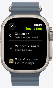Apple Watch screen featuring a Fitness+ playlist including songs by The Weeknd, Skrillex, Justin Bieber and Shawn Mendes