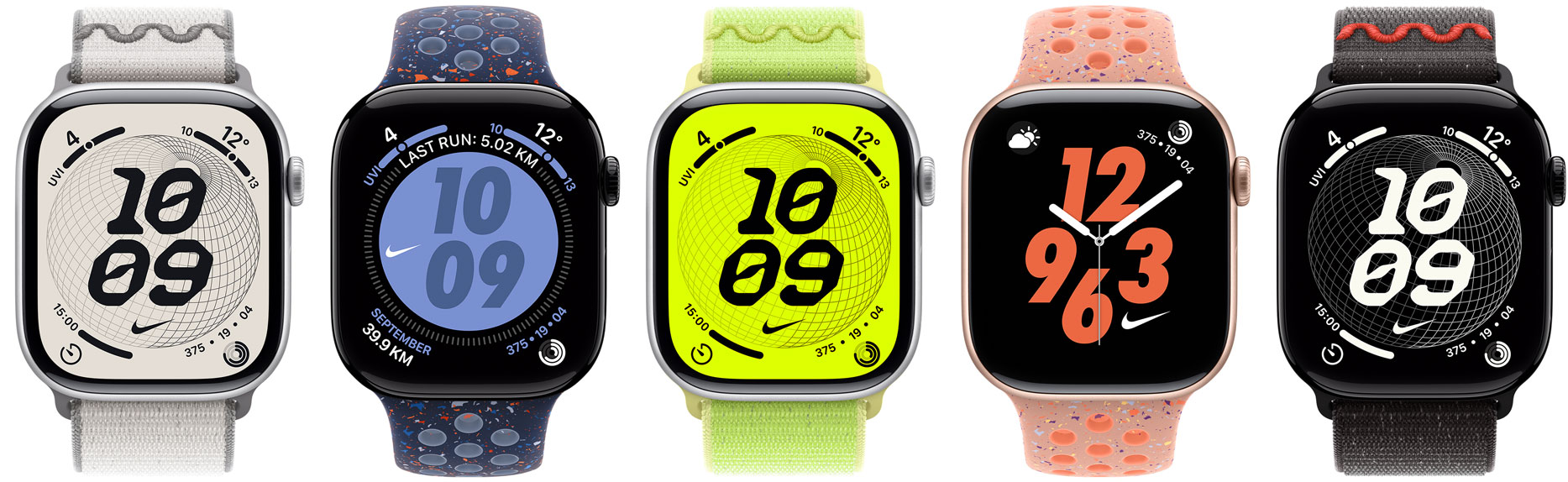 Apple Watch devices, Nike bands: veiled grey Nike Sport Loop, blue ribbon Nike Sport Band, volt splash Nike Sport Loop, alpenglow pink Nike Sport Band, midnight black Nike Sport Band, Nike watch faces: Globe, Hybrid, Bounce, Digital