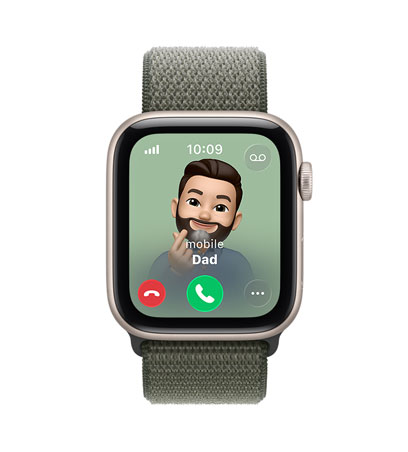 Apple Watch SE 3, aluminium case, starlight colour, incoming call from Dad, Memoji contact photo, accept and decline call buttons, Sport Loop, forest green colour
