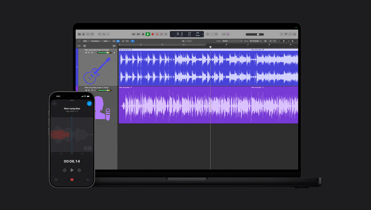 MacBook Pro 16 screen showing workspace with two rows for vocal and guitar, sound waves, iPhone 17 Pro screen of Logic Pro Voice Memos, recording in red, sound waves, play button, new song idea, date and duration