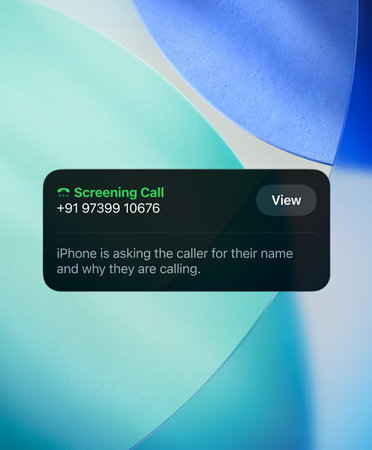iPhone app widget showcasing Call Screening feature on an incoming call; new emerald blue, white and turquoise wallpaper set in the background