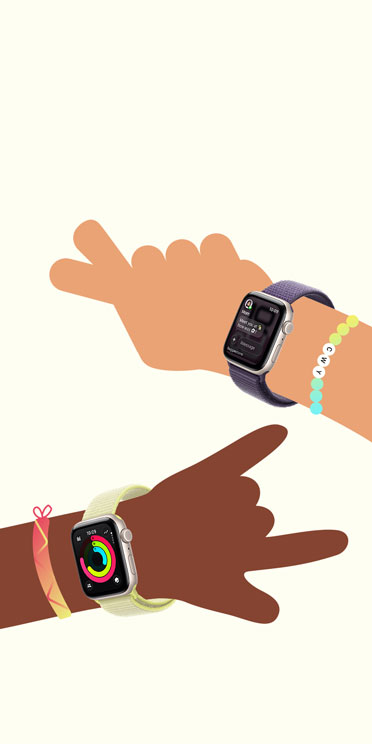 Illustration of two childrenʼs hands wearing Apple Watch SE 3