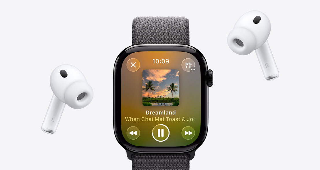 AirPods Pro 3, white, silicone tips, Apple Watch Series 11, aluminium case, polished jet black colour, Apple Music playing, Sport Loop, dark grey colour