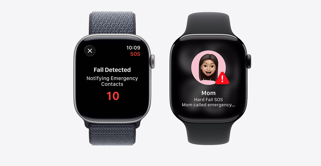 Apple Watch Series 11, Crash Detection notification, Emergency Call button, second notification reads: Mom took a hard fall and has called emergency services