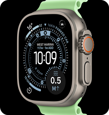 Apple Watch Ultra 3, natural colour, titanium case, Orienteering watch face, complications: weather, parked car location, satellite, and distance to surface, right side exterior, Digital Crown, microphone, side button, Ocean Band, neon green colour