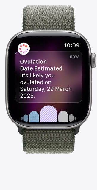 Apple Watch Series 11, Space Gray aluminum case color, Ovulation date estimation notification from Cycle Tracking in Health app, Digital Crown, band, forest Sport Loop