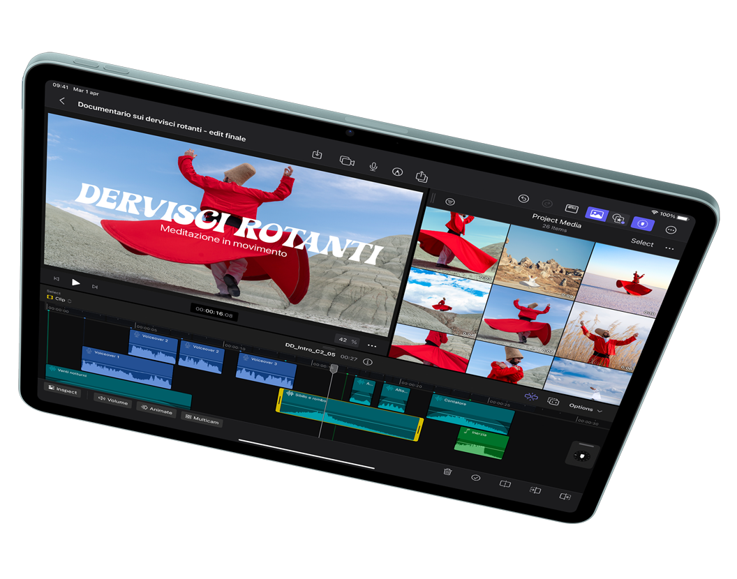 Un iPad Air in orizzontale, sullo schermo c’è un video che viene modificato in Final Cut Pro