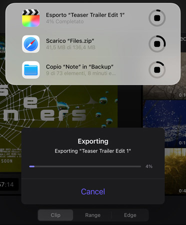 Un elenco di attività in tempo reale in corso e in esecuzione contemporaneamente, tra cui l’esportazione di un trailer, il download di file di grandi dimensioni e lo spostamento della cartella “Note” nella cartella “Backup”