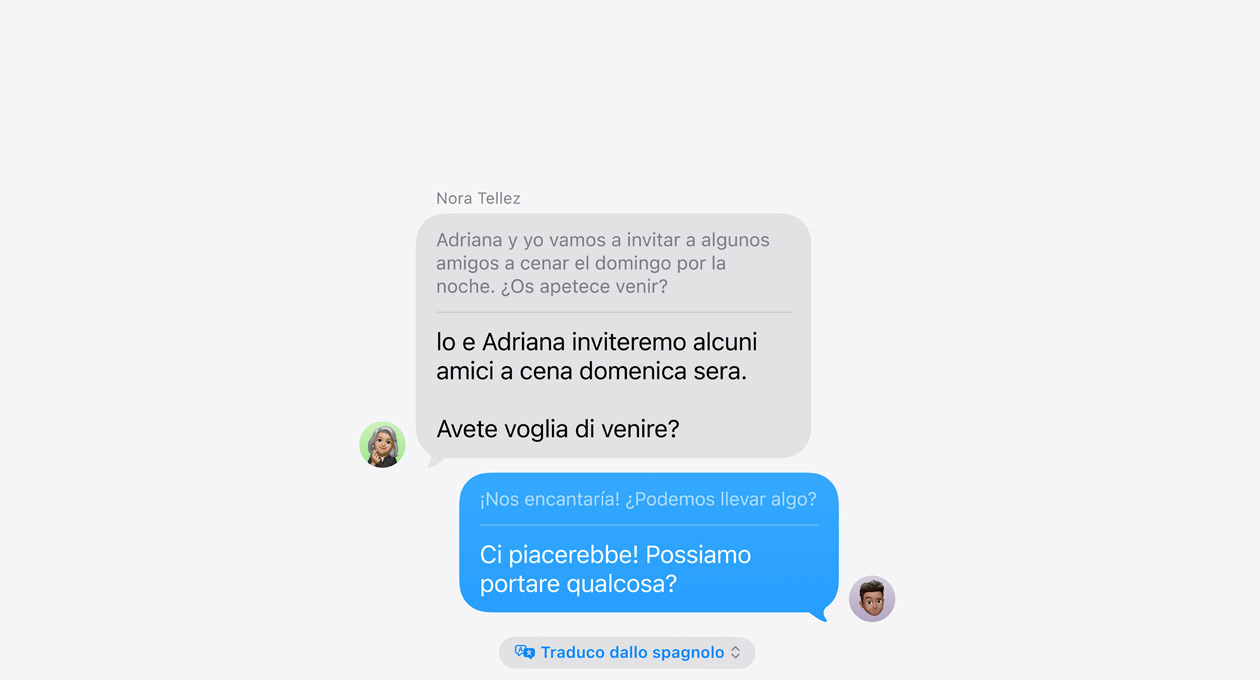 Traduzione in tempo reale in Messaggi, con un esempio di traduzione automatica tra spagnolo e inglese