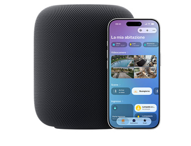 A Midnight HomePod with iPhone showing My Home UI on the Home app