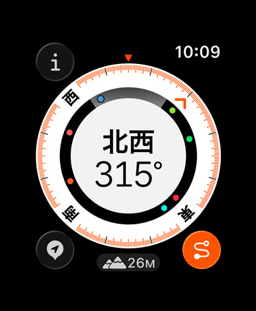 バックトレース機能の測定値。コンパス、高度、マークしたウェイポイントが表示されている