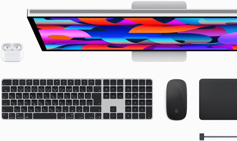 Macアクセサリ：AirPods、Studio Display、Magic Keyboard、Magic Mouse、Magic Trackpad、ミッドナイトのカラーのMagSafe充電ケーブル