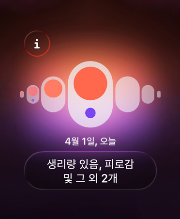 건강 앱의 생리 주기 추적, 주황색 점과 보라색 점으로 서로 다른 측정 증상을 알려주는 화면