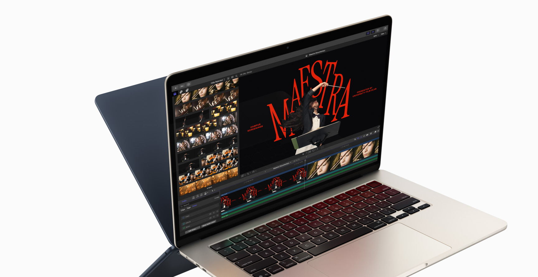 MacBook Air에 M4 칩의 성능을 보여주기 위한 예시로 동영상을 편집 중인 Final Cut Pro가 열려있습니다. 두 번째 MacBook Air의 뒷면이 첫 번째 MacBook Air 뒤로 나타나며 마치 거울에 비친 것처럼 대칭을 이룹니다.