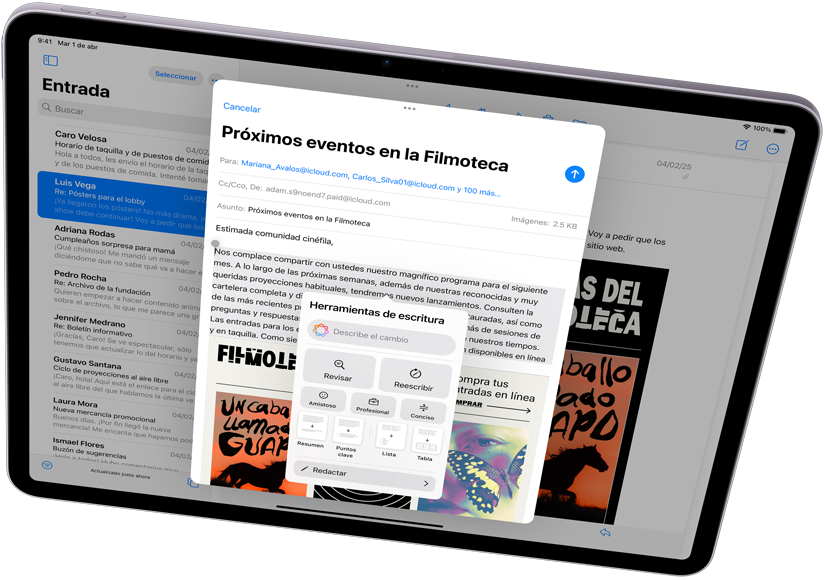 iPad Air en horizontal que muestra Apple Intelligence con Herramientas de Escritura y Mail