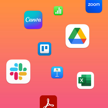 Icons of productivity apps including Slack, Canva, Google Workspace, Zoom, Quickbooks, Keynote, Excel, Square, and Numbers against a colorful background.