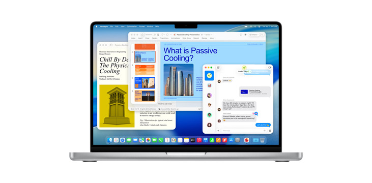 Démonstration d’apps comme Microsoft PowerPoint, Messages et Pages sur un MacBook Pro 14″.