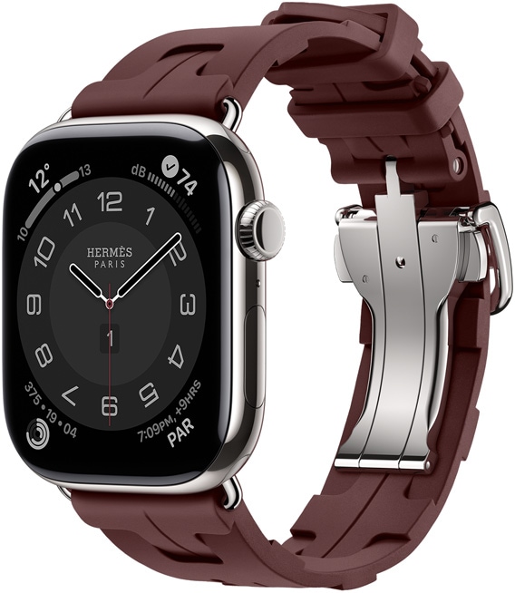 Apple Watch Hermès Series 11, titanium case, silver color, Kilim band, bordeaux color, silver quick-release metal buckle