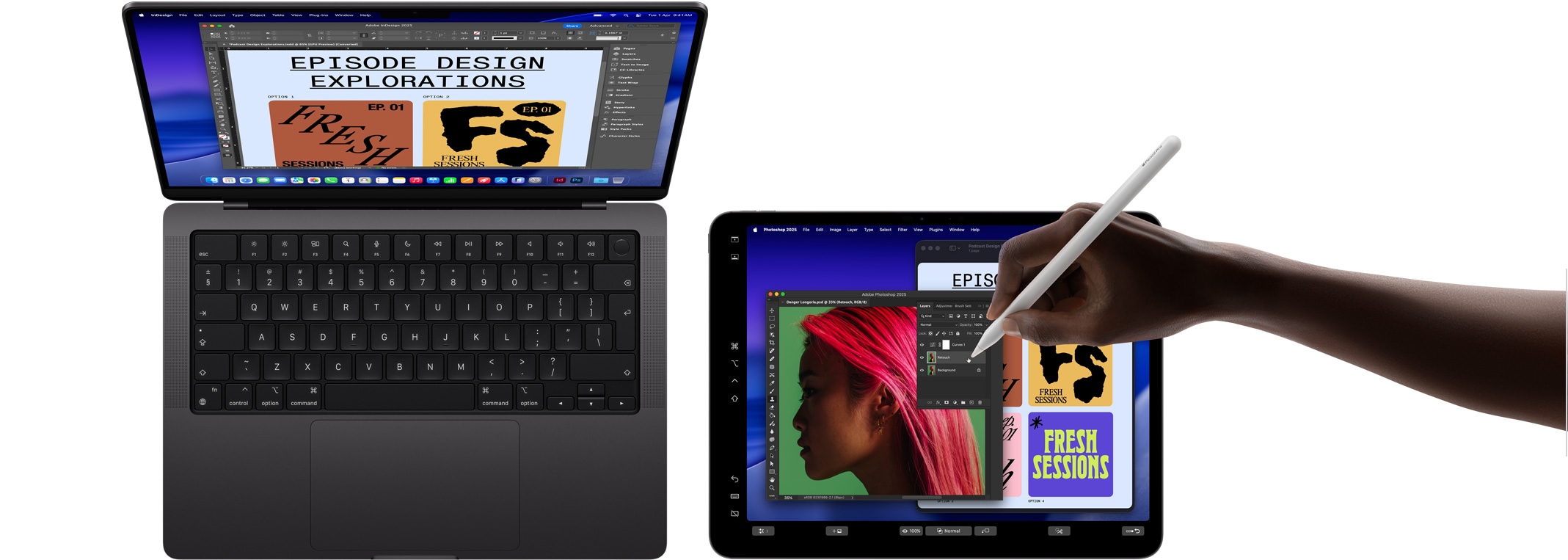 14-inch MacBook Pro, 13-inch iPad Pro being used to extend the display of the MacBook, a hand is using an Apple Pencil Pro to manipulate the image on the iPad