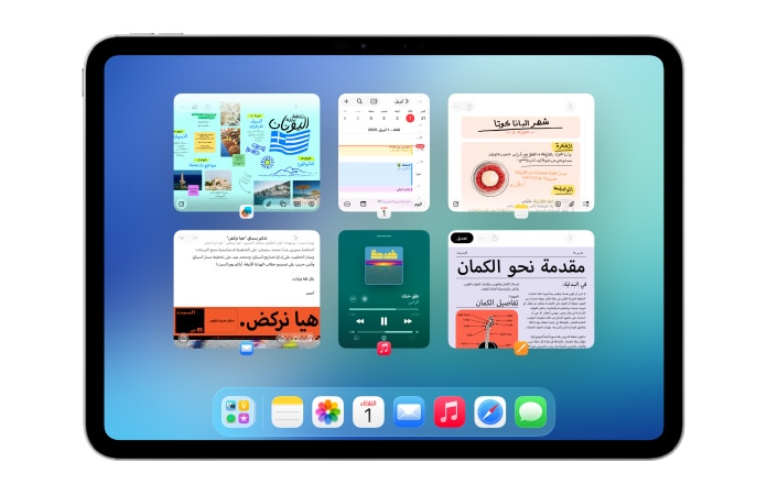 iPad في الوضع الأفقي، وشاشته تعرض ست نوافذ مفتوحة في صفين، بما في ذلك تطبيق التقويم وتطبيق الملاحظات وApple&nbsp;Music وسفاري