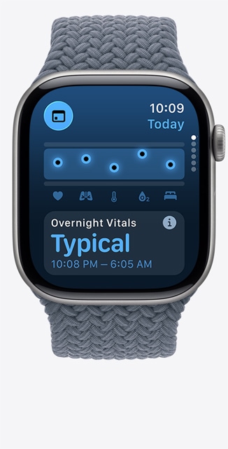 Apple Watch Series 11,  titanium case, slate color, Vitals app, chart scoring health, wrist temperature above baseline notification, right side, Digital Crown, anchor blue Braided Solo Loop