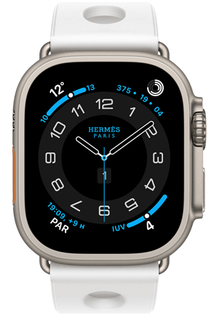 Apple Watch Hermès Ultra 3, caja de titanio, color natural, carátula Hermès Circulaire, complicaciones: clima, círculos de Actividad, hora de París, índice UV, correa Scub'H Diving, color Blanc