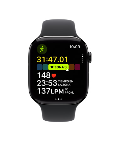 Apple Watch Series 11, caja de aluminio, negro azabache pulido, entrenamiento Carrera al Aire Libre abierto, frecuencia cardiaca en la Zona de Frecuencia Cardiaca 3, parte lateral derecha: Digital Crown, correa deportiva negra