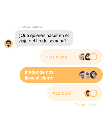 Primer plano de la nueva funcionalidad Encuestas en Mensajes, donde las personas del chat grupal votan por el lugar al que irán el fin de semana