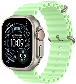 Apple Watch Ultra 3, natural color, titanium case, Orienteering watch face, complications: weather, parked car location, satellite, and distance to surface, right side exterior, Digital Crown, microphone, side button, Ocean Band, neon green colour