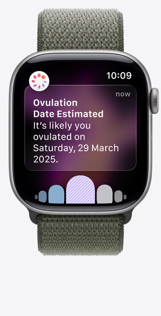 Apple Watch Series 11, Space Grey aluminium case colour, Ovulation date estimation notification from Cycle Tracking in Health app, Digital Crown, strap, forest Sport Loop