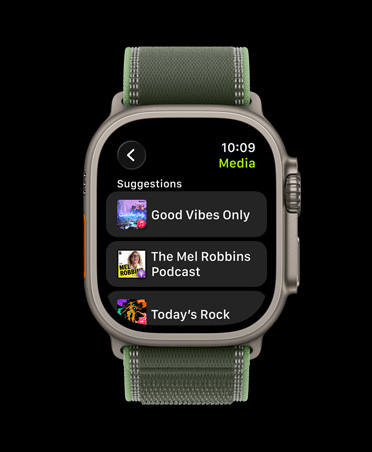 Apple Watch Ultra 3, titanium case, natural colour, Apple Music, music and podcast suggestions, Trail Loop, green/neon colour