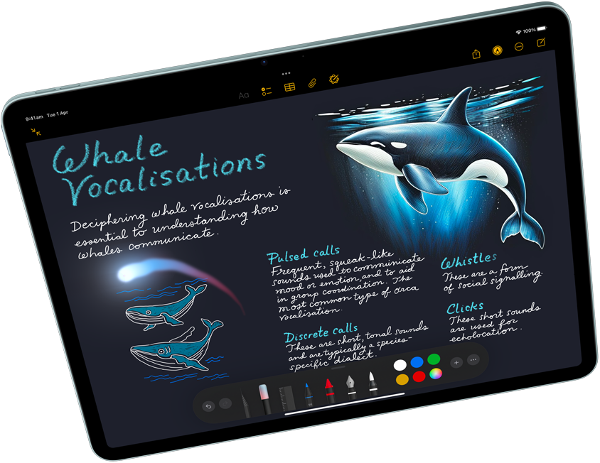 Landscape view of iPad Air showcasing Apple Intelligence with Image Playground, and Keynote, Apple Pencil Pro