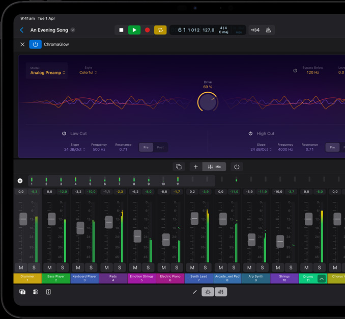 iPad Pro, front exterior, landscape orientation, space black colour, display with a music editing project, audio waveform, various track controls, mixing faders and musical instruments, in Dark Mode