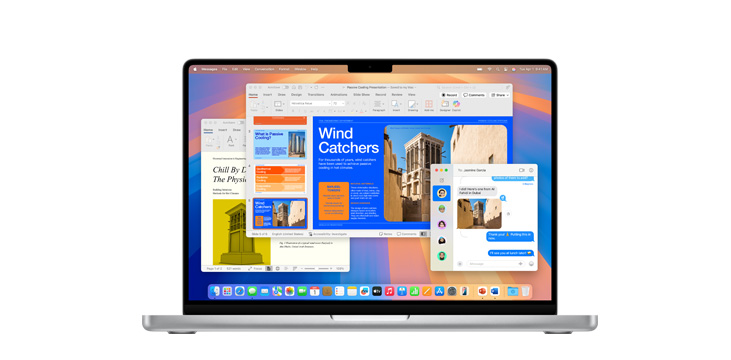 Demonstration of apps like Microsoft PowerPoint, Messages, and Pages on MacBook Pro 14“.