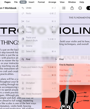 Close-up of menu bar with options for Undo, Redo, Cut, Copy, Paste and more