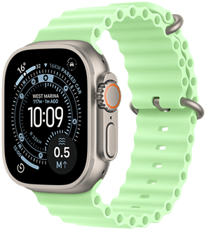 Apple Watch Ultra 3, culoare natural, carcasă din titan, cadran Orientare, complicații: Indicele UV, Activitate, Satelit, Busolă, partea dreaptă exterior, Digital Crown, microfon, buton lateral, curea Oceanică, culoare Verde neon