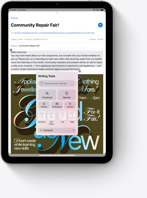 iPad mini showing Writing Tools in Mail, a new Apple Intelligence feature.