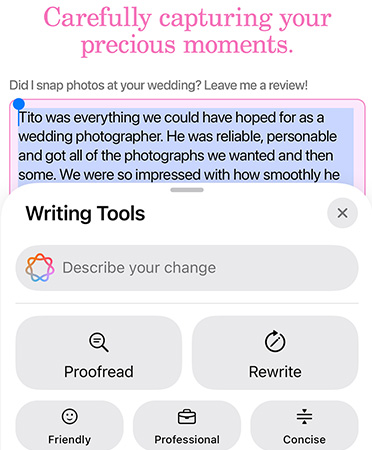 Writing Tools feature in use with options Proofread, Rewrite, Friendly, Professional and Concise