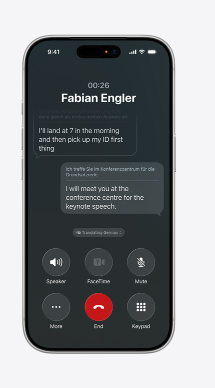 iPhone screen showing Live Translation feature in use during a phone call