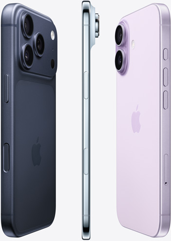 The camera side of iPhone 17 Pro in Deep Blue, side profile of iPhone Air in Sky Blue and back side of iPhone 17 in Lavender spread out in a fan pattern.