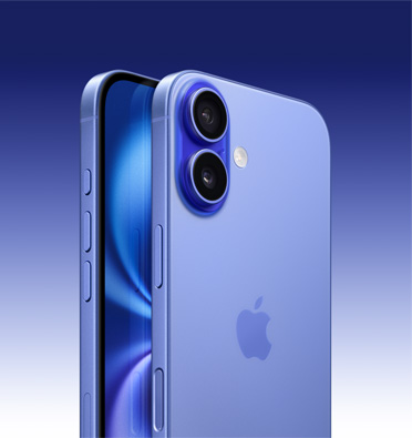 iPhone 16 in Ultramarine finish, partial-screen display and side angle shows - Action, volume and side button. Back exterior shows advanced dual-camera system in top left corner.