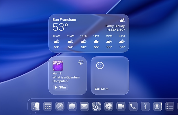 Liquid Glass Weather, Podcasts, and Reminders widgets on macOS Tahoe screen
