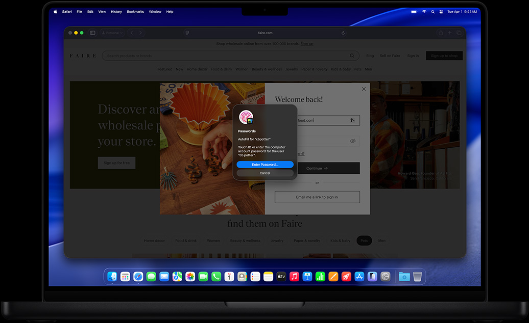 ขณะท่องเว็บใน Safari มีข้อความแจ้งให้ผู้ใช้ใช้ Touch ID เพื่อลงชื่อเข้าเว็บไซต์