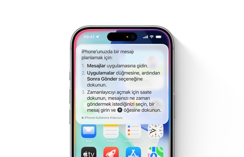 Bir kısa mesajın daha sonra gönderilmek üzere nasıl planlanacağına dair adım adım yönergelerle bir iPhone gösteriliyor