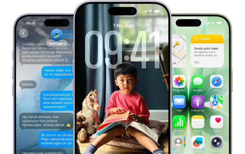 iPhone 17 aygıtları, önden dış görünüm, sis mavisi, lavanta, ada çayı renk seçenekleri, iOS özellikleri - Arka Planı kişiselleştirilmiş mesajlar sohbeti, Liquid Glass efektiyle Kilit Ekranı ve çeşitli uygulamaların yer aldığı Ana Ekran